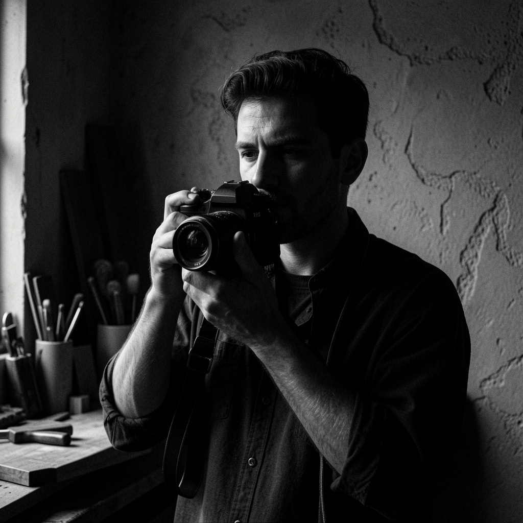 Fotograf cu aparat pe umăr într-un atelier întunecat, lumină laterală puternică pe chip și perete cu textură brută