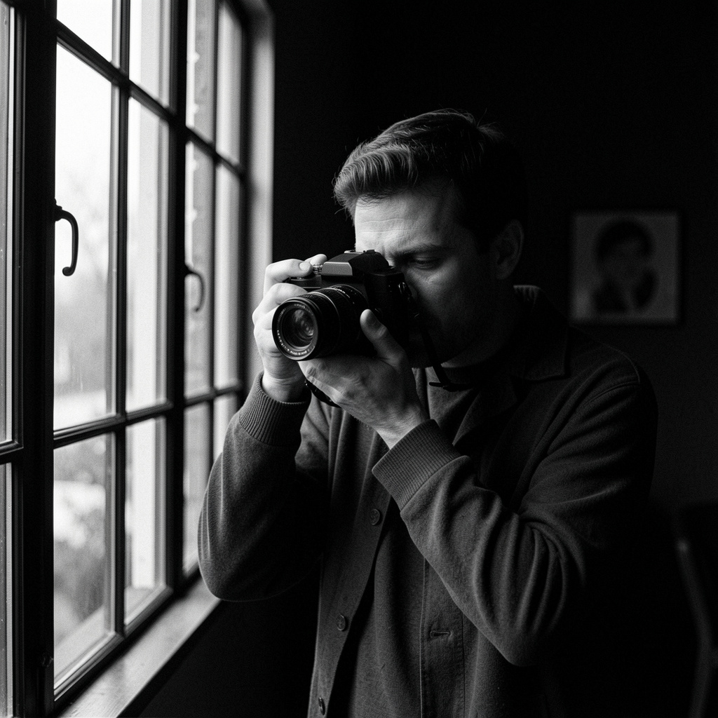Fotograf cu aparat mediu format în lumină laterală, lângă fereastră mare, în studio întunecat
