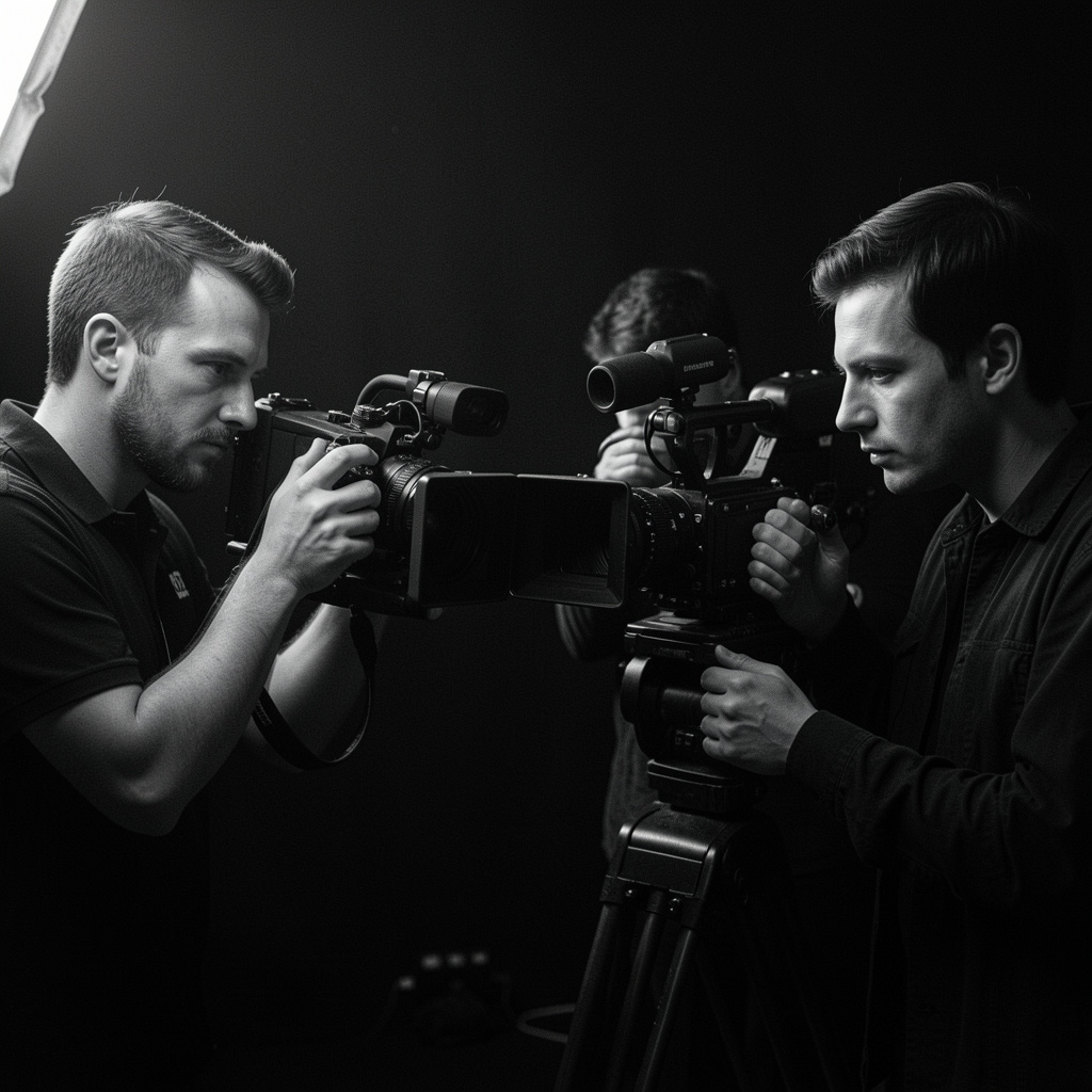 Echipă de filmare pe platou întunecat, lumină laterală dură pe fețe și aparate foto, mult spațiu negru în jur