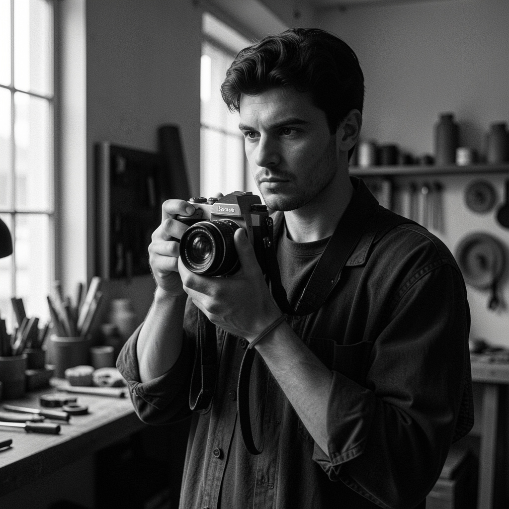 Fotograf Grain Liber cu aparatul pe umăr într-un atelier luminat lateral, privire atentă