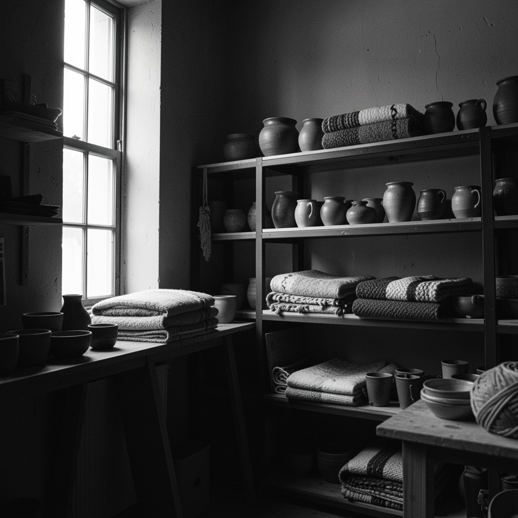 atelier întunecat fotografiat alb-negru, fereastră înaltă cu lumină laterală, raft cu obiecte ceramice și țesături