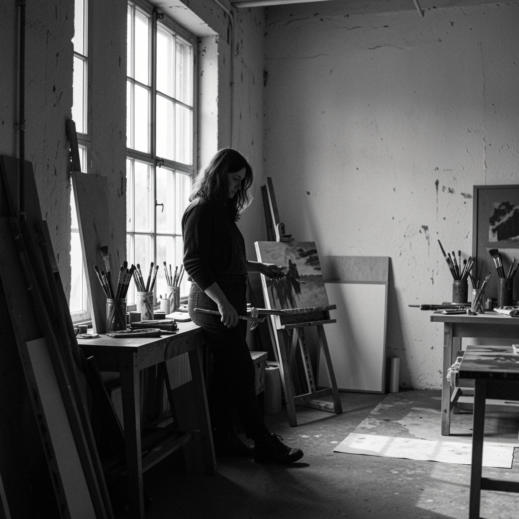 Fotografie alb-negru cu lumină laterală pe un atelier de artist, siluetă lângă fereastră mare, textură de perete și spațiu gol