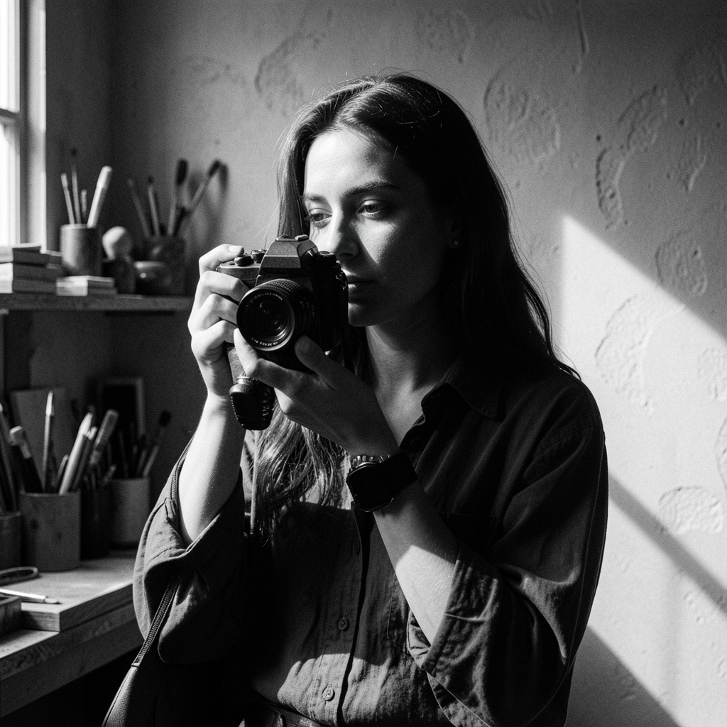 Portret alb-negru al unei fotografe cu aparat pe umăr, lumină laterală puternică într-un atelier texturat