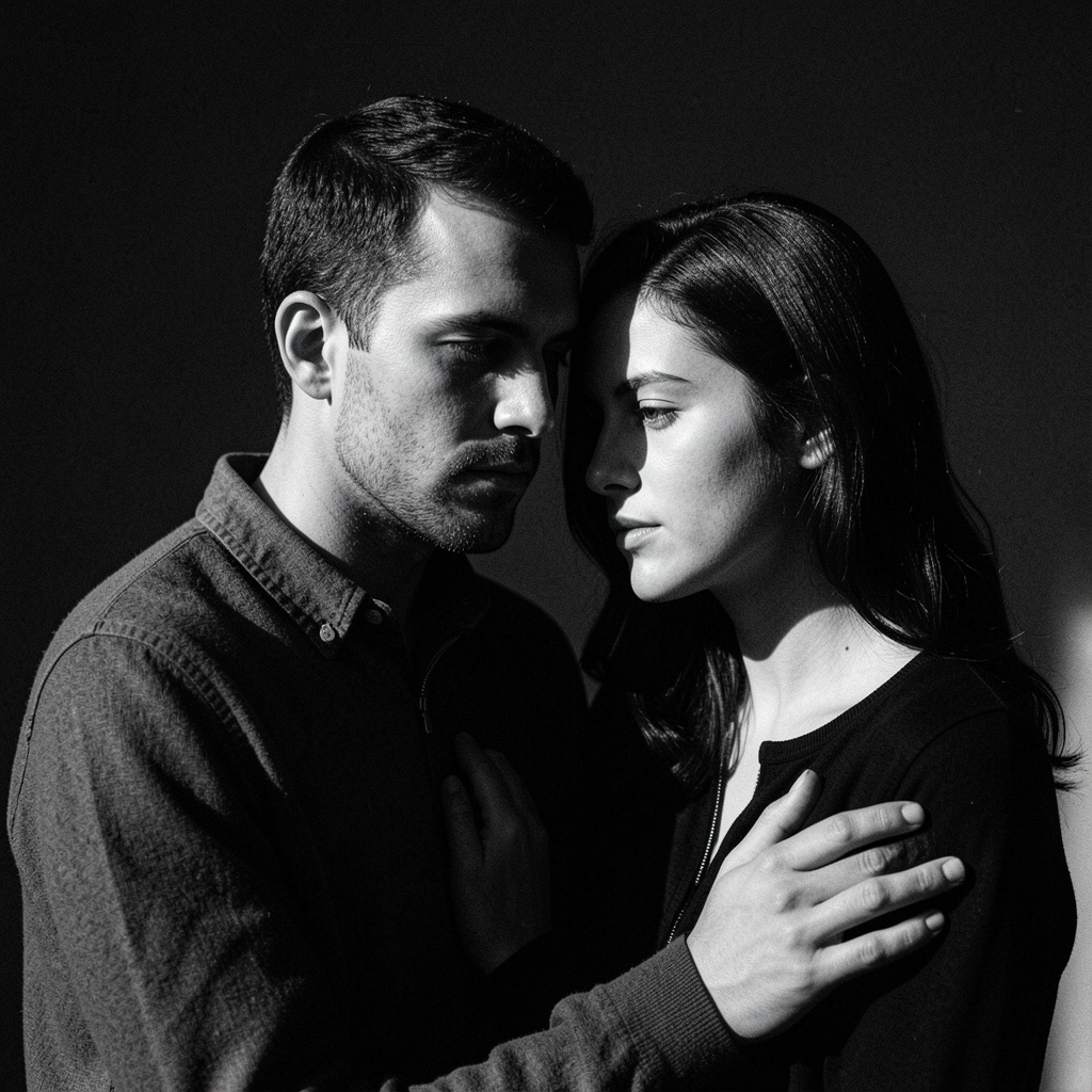 Portret alb-negru de cuplu în lumină laterală puternică, cu textură de film și fundal întunecat gol