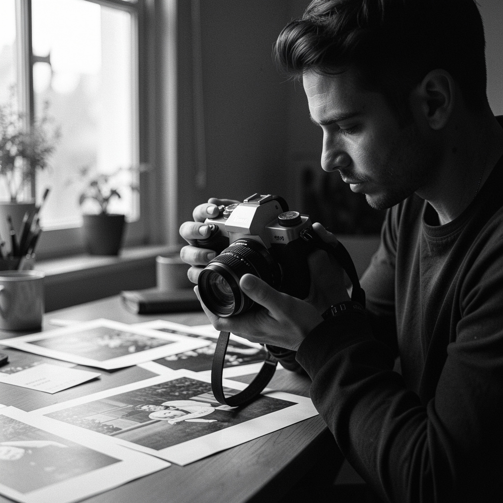 Photographer in sidelight holding a camera beside a worktable with black-and-white prints
