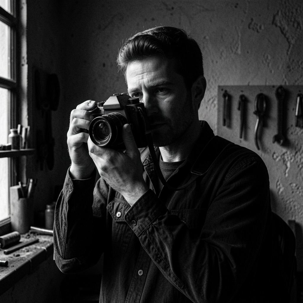 Photographer with a camera over their shoulder in a dark studio, strong sidelight on their face and a raw textured wall