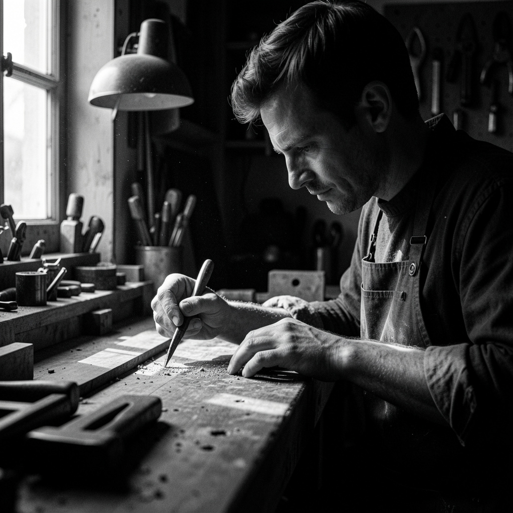 Fotograf alb-negru observând o scenă de lucru într-un atelier cu lumină laterală puternică, cadru vertical