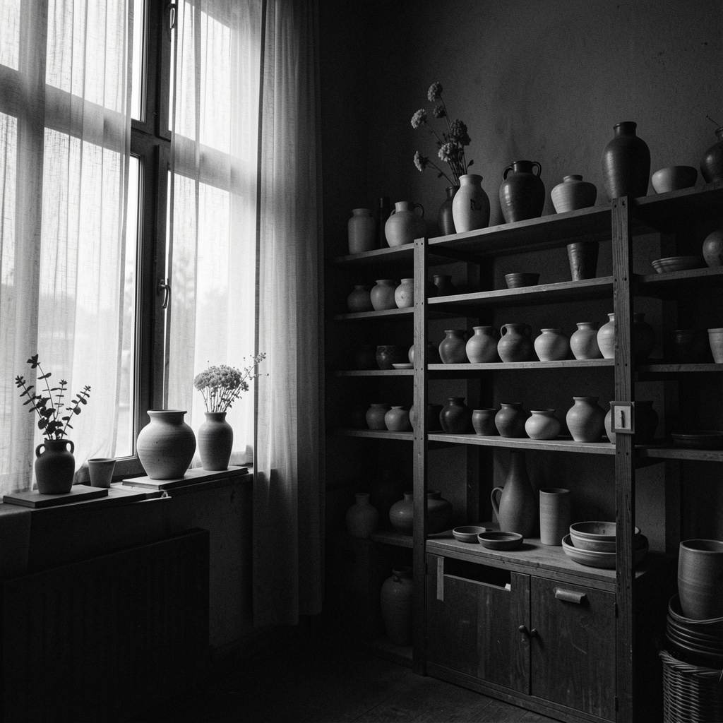 Atelier întunecat cu fereastră înaltă și perdele subțiri, raft din lemn cu vase ceramice în lumină laterală