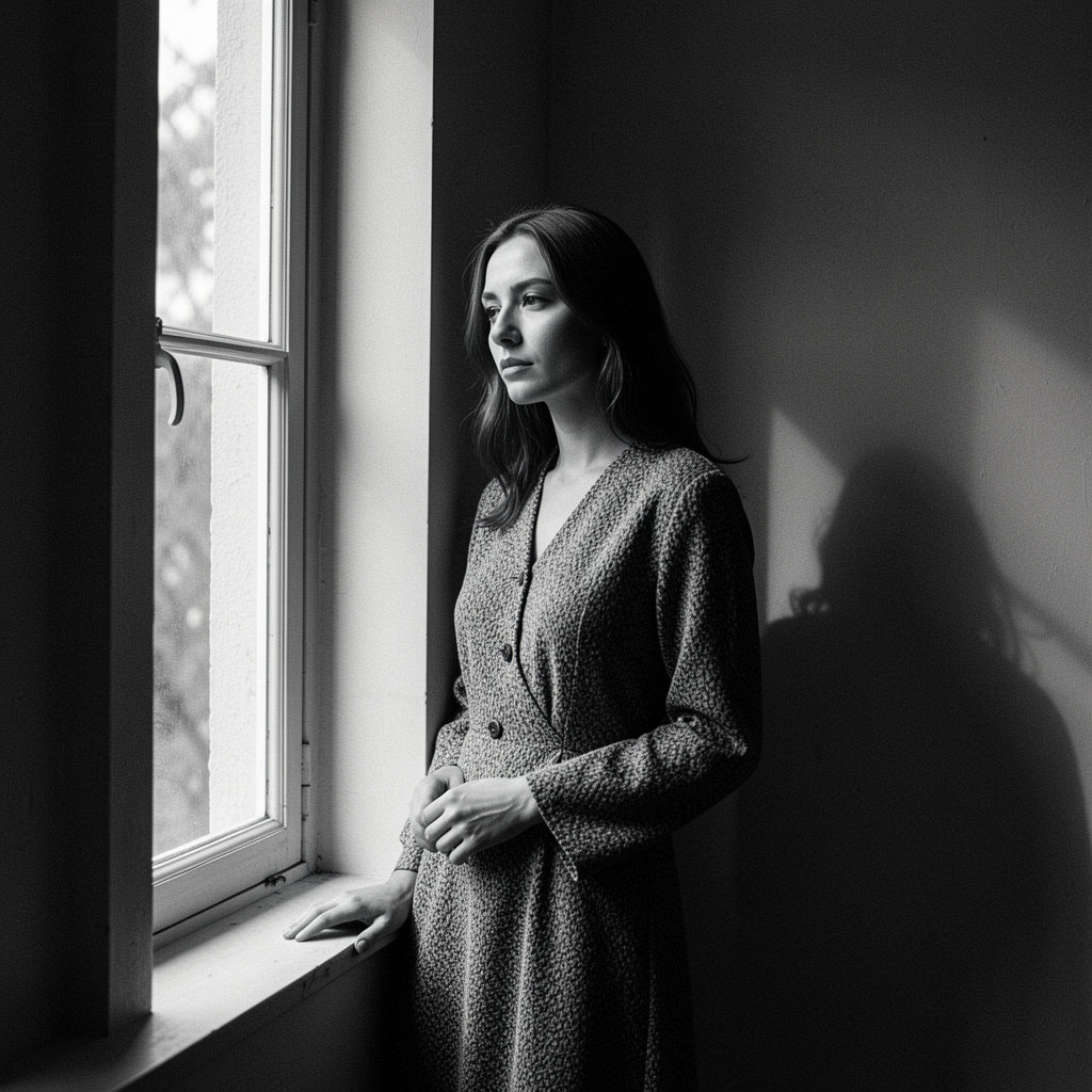 Portret editorial alb-negru al unei artiste lângă fereastră înaltă, rochie texturată și umbră adâncă pe perete