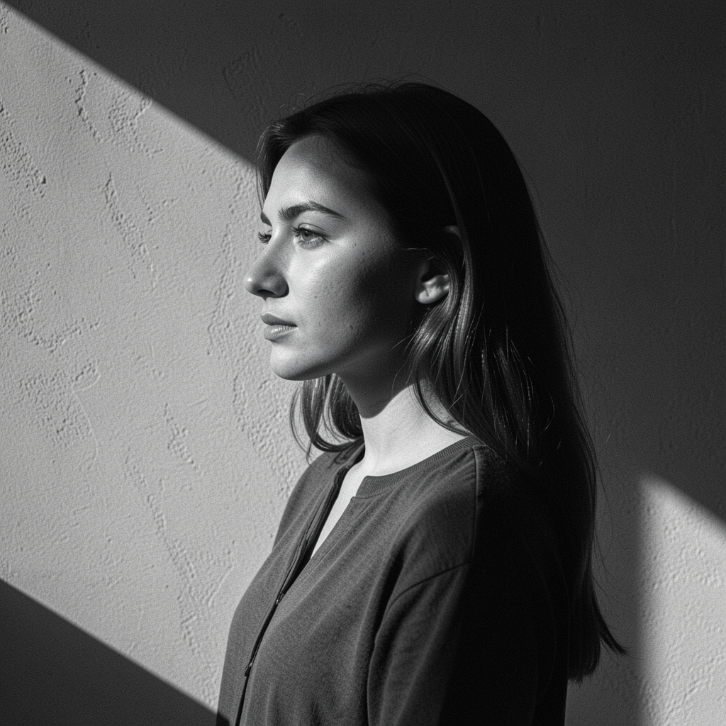 Femeie fotografiată din profil în lumină laterală puternică, într-o cameră goală cu perete texturat și mult spațiu negativ