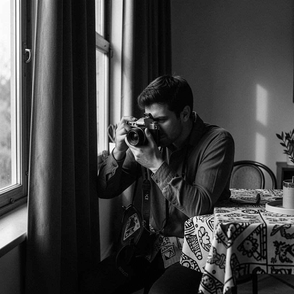 Fotograf cu cameră pe film în lumină laterală, lângă fereastră mare de studio, draperie grea și masă de lucru cu printuri alb-negru