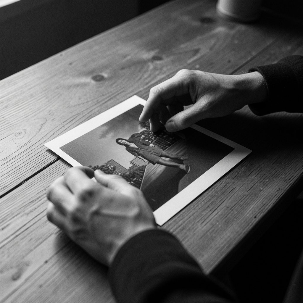 Detaliu alb-negru cu mâini care aleg printuri fotografice pe o masă de lemn, lumină laterală