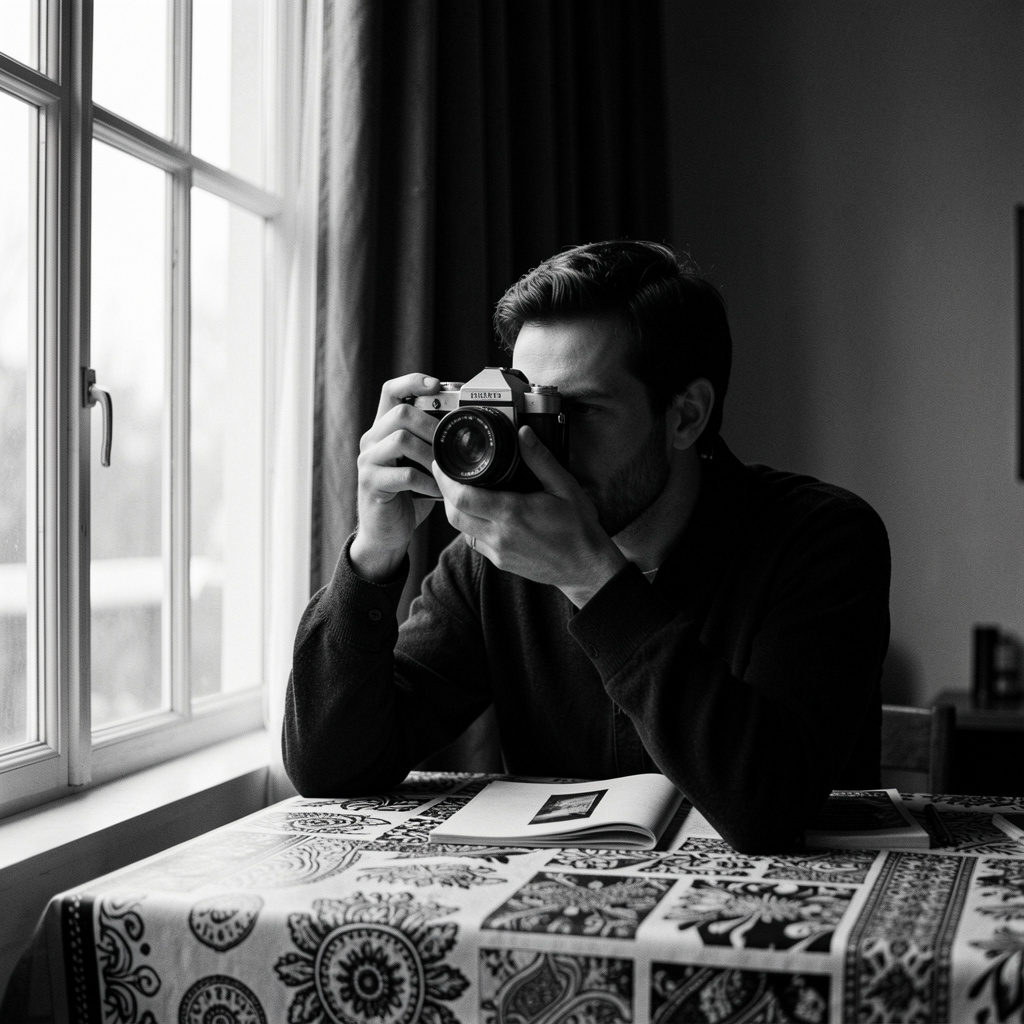 Photographer with a film camera in sidelight beside a large studio window, with a heavy curtain and worktable covered in black-and-white prints