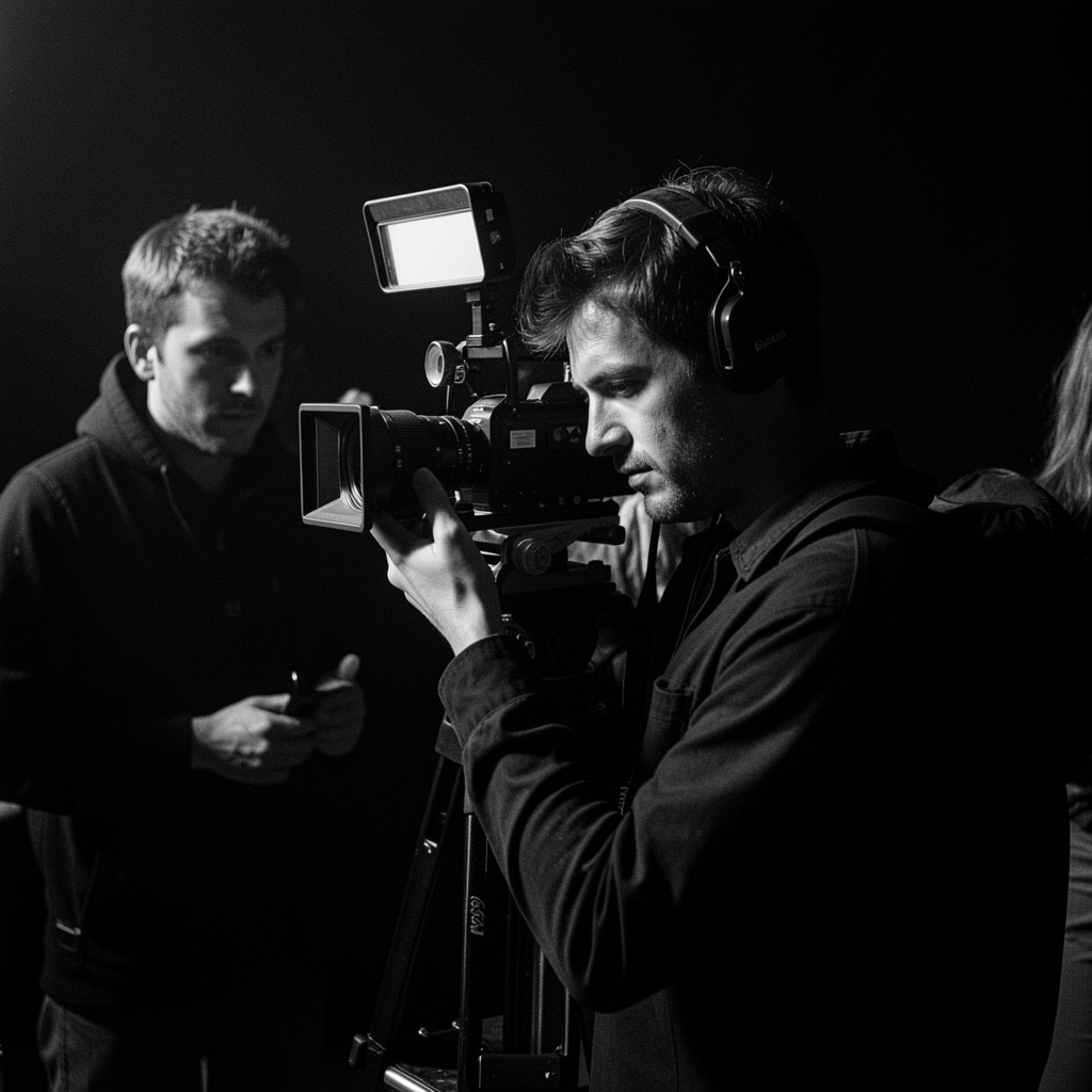 Film crew on a dark set, hard side light on faces and cameras, plenty of black space around them