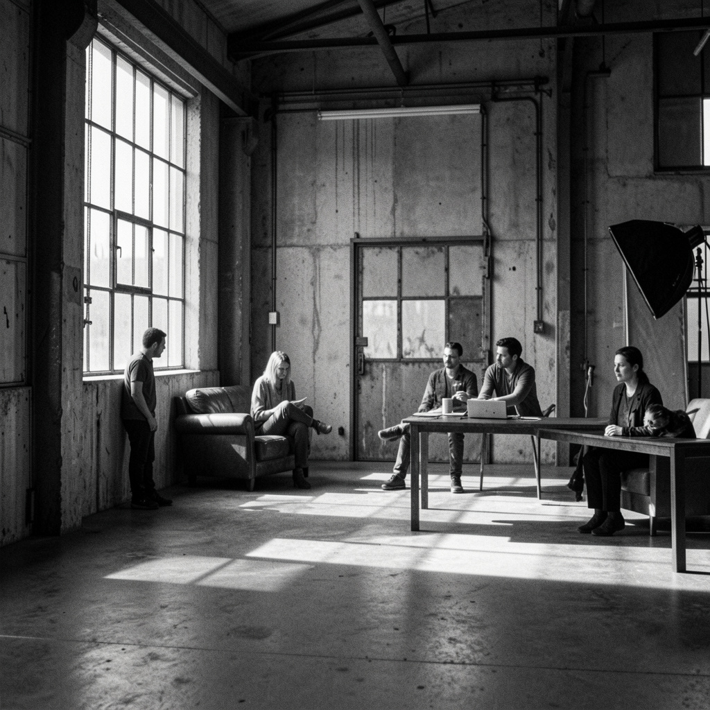 Fotografie alb-negru editorială, lumină laterală pe textură brută, compoziție aerisită