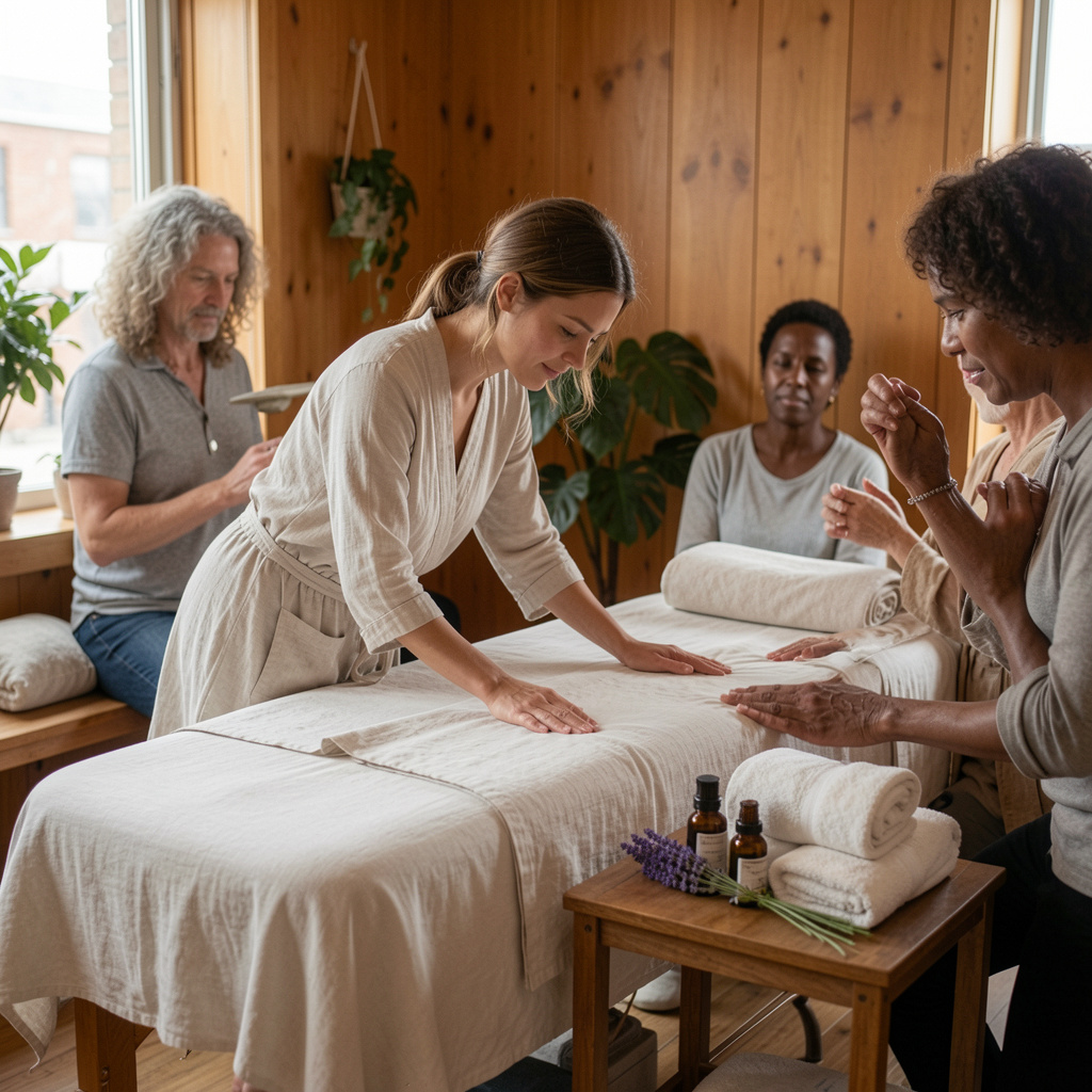 Salon calm de wellness cu lumină naturală, lemn cald, lenjerie din in și o terapeută pregătind un pat de masaj