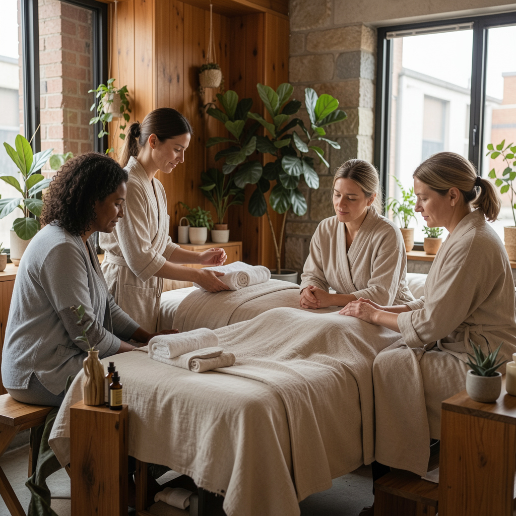 Interior calm de studio wellness urban cu lemn cald, lenjerie din in, lumină blândă de zi și plante verzi