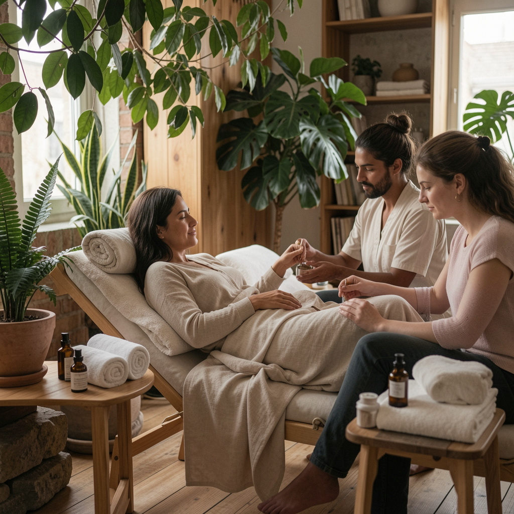 Femeie odihnindu-se pe un fotoliu din studio, lumină moale filtrată prin plante verzi