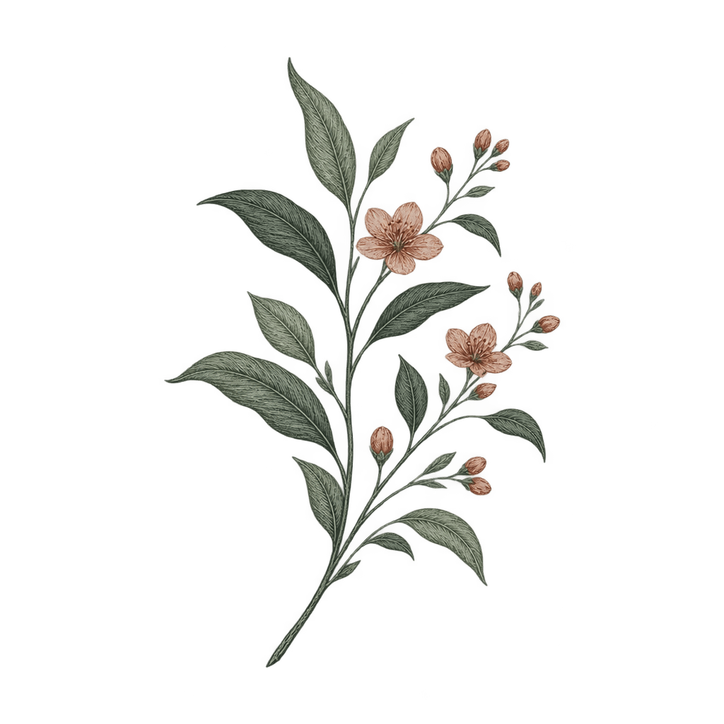 ramură botanică delicată desenată în linii gri-verzui