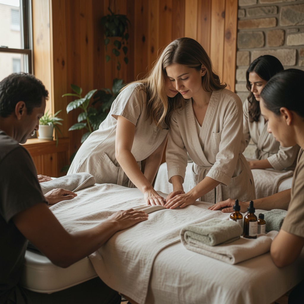 Salon calm de wellness urban cu lemn cald, lenjerie din in, lumină blândă de zi și o terapeută pregătind un pat de tratament