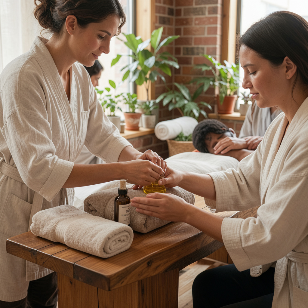 Mâini care pregătesc uleiul de masaj pe lemn cald, lumină naturală de zi