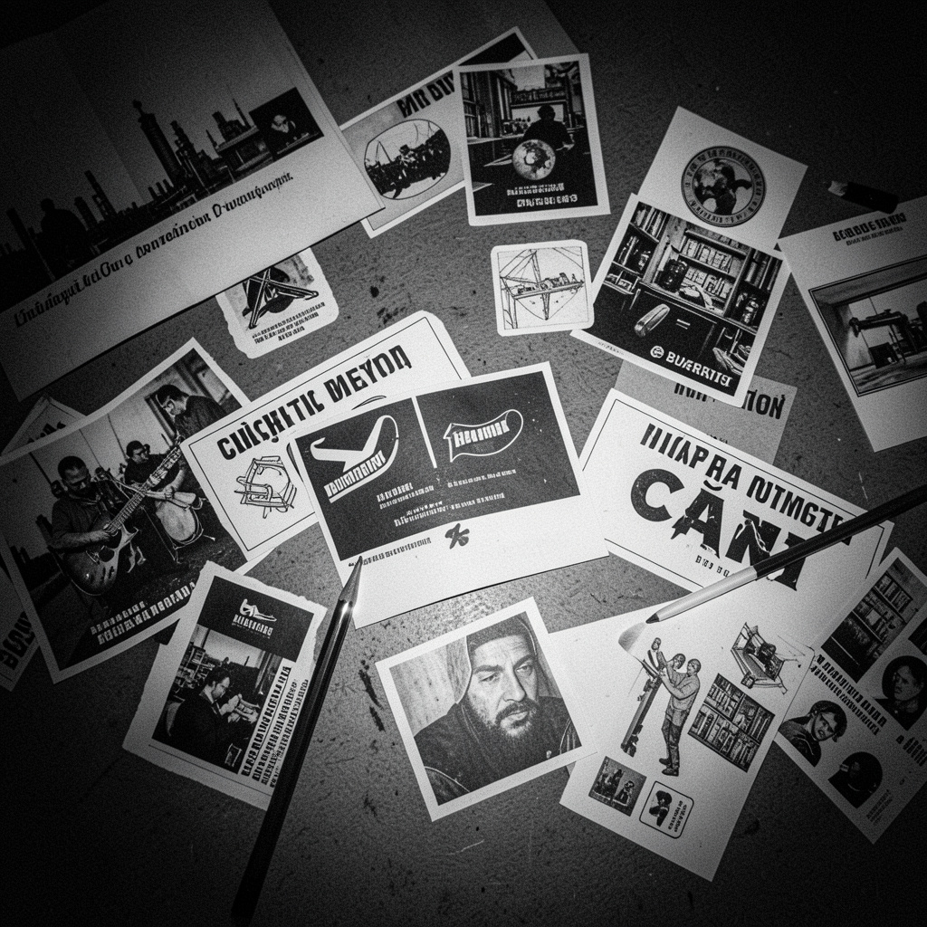 Perete de studio cu dovezi tipărite decupate brutal, contrast tare și umbre adânci