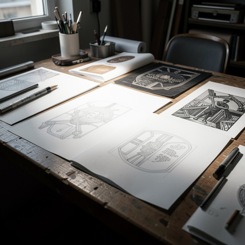 Detaliu documentar din atelier, schițe și mostre de tipar pe masă la lumină laterală dură