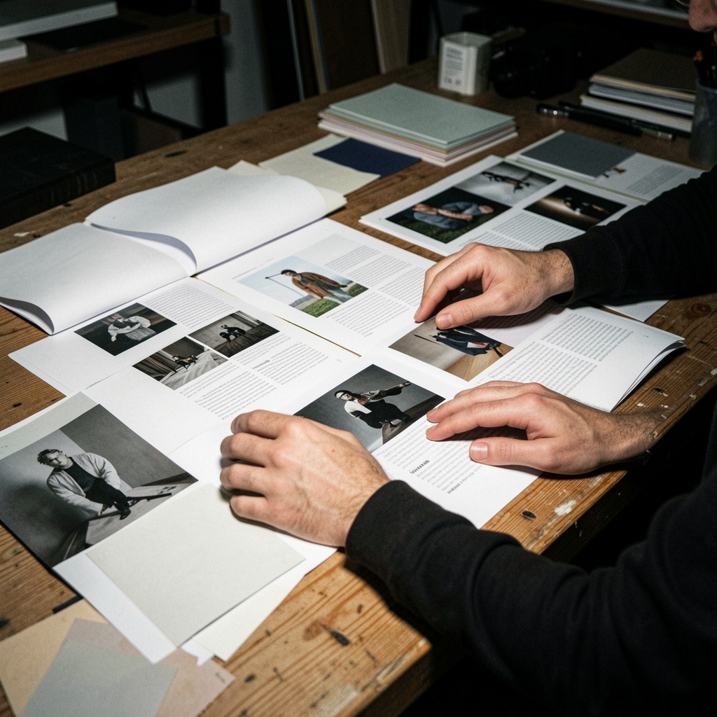 Masa de lucru din studio cu machete editoriale, coli tipărite și lumină laterală dură, decupată asimetric