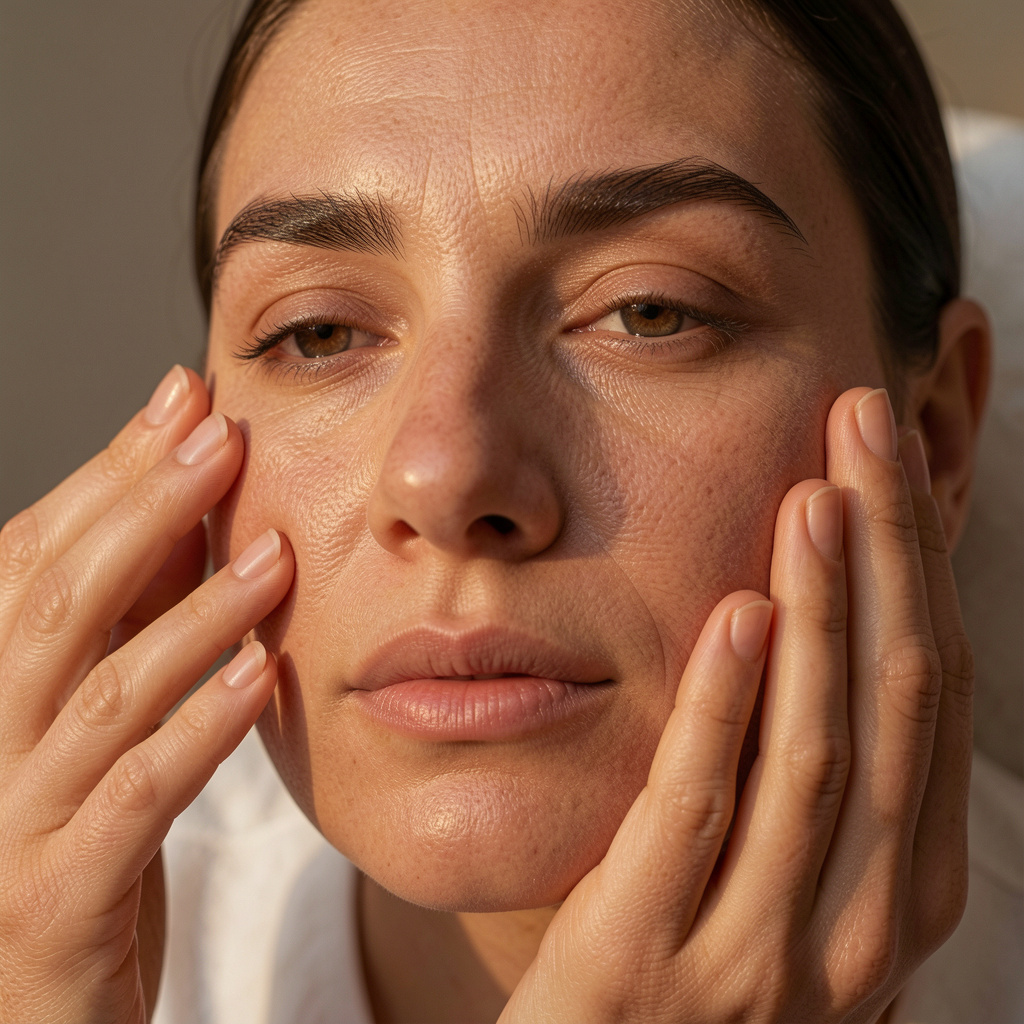 Prim-plan sculptural cu textură de piele reală și mâna esteticienei în timpul unui tratament facial, lumină caldă laterală