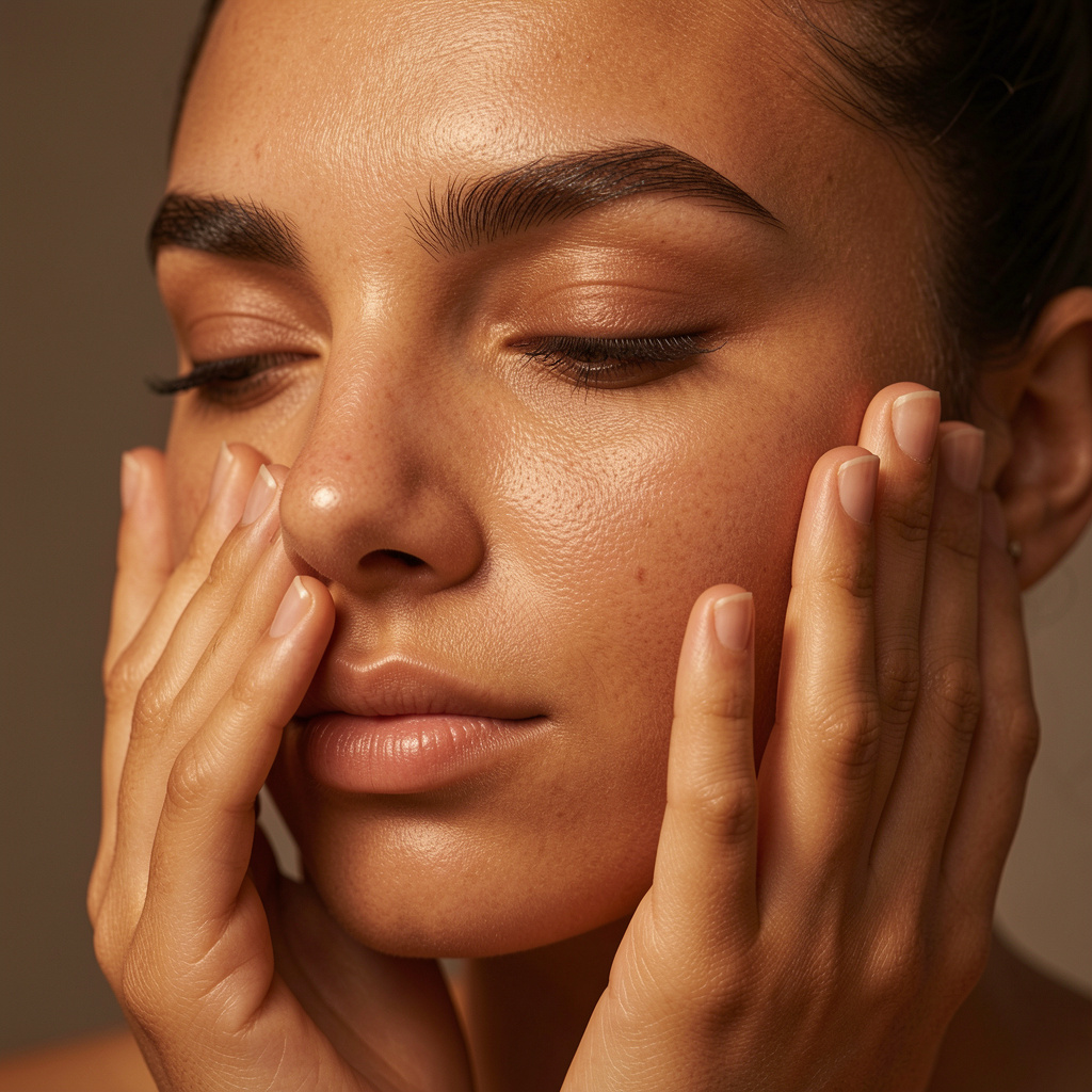 Prim-plan cu textură de piele reală și mână care aplică îngrijire facială în lumină caldă sculpturală