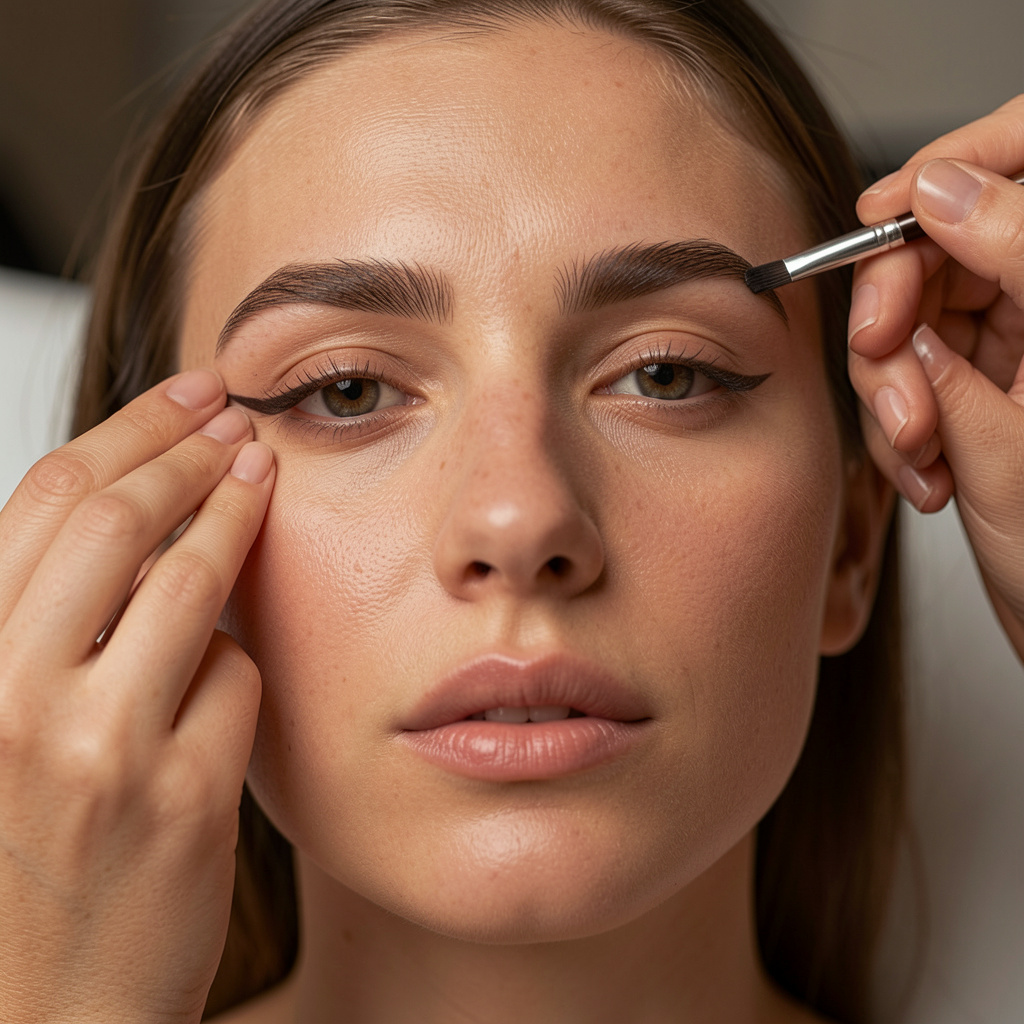 Prim-plan cu textură de piele reală și mâna esteticienei în timpul unui tratament facial, lumină caldă sculpturală