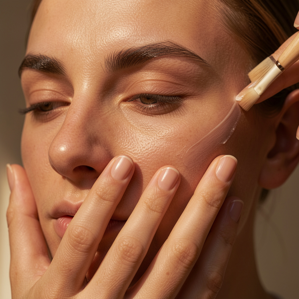 Prim-plan cu textură de piele reală și o mână care aplică un tratament facial în lumină caldă sculpturală