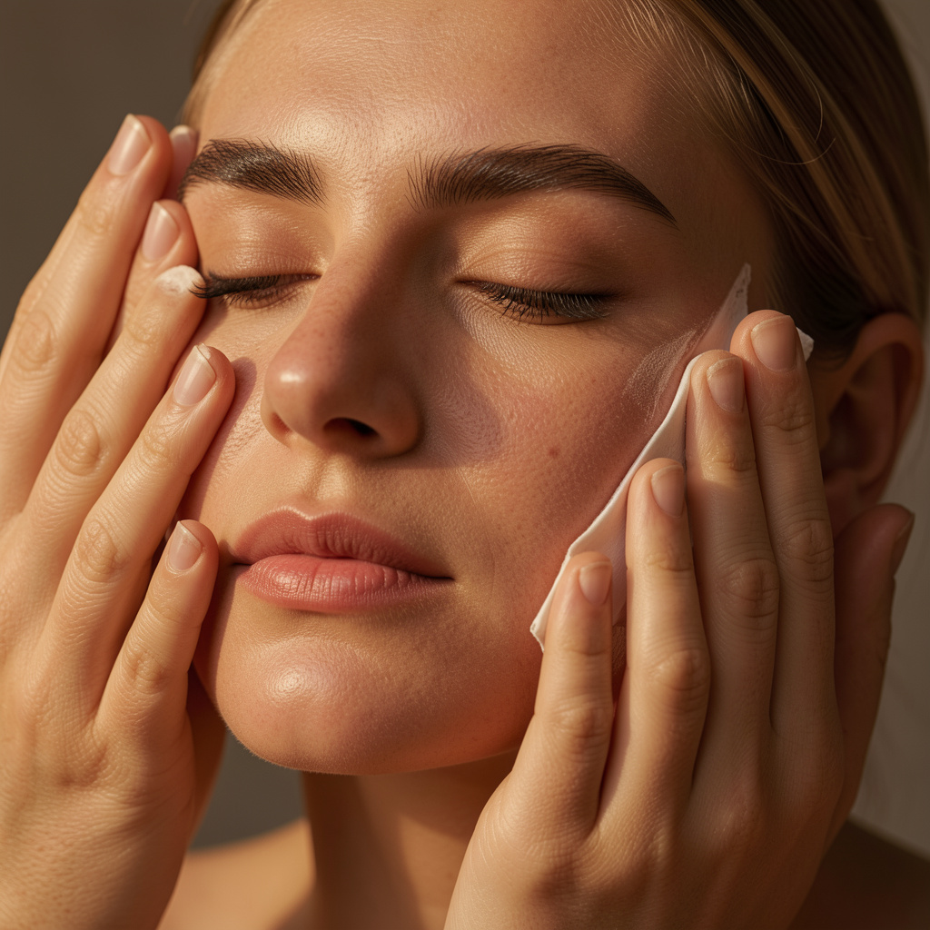 Prim-plan sculptural cu textură reală de piele și mâini care aplică un tratament facial în lumină caldă