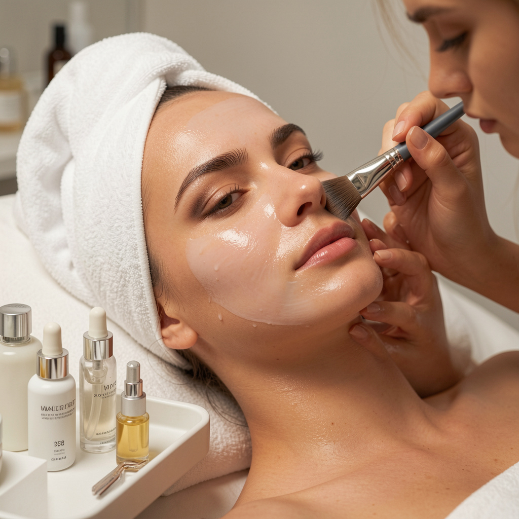 Prim-plan cu textură de piele reală și mâna esteticienei în timpul unui tratament facial, lumină caldă sculpturală