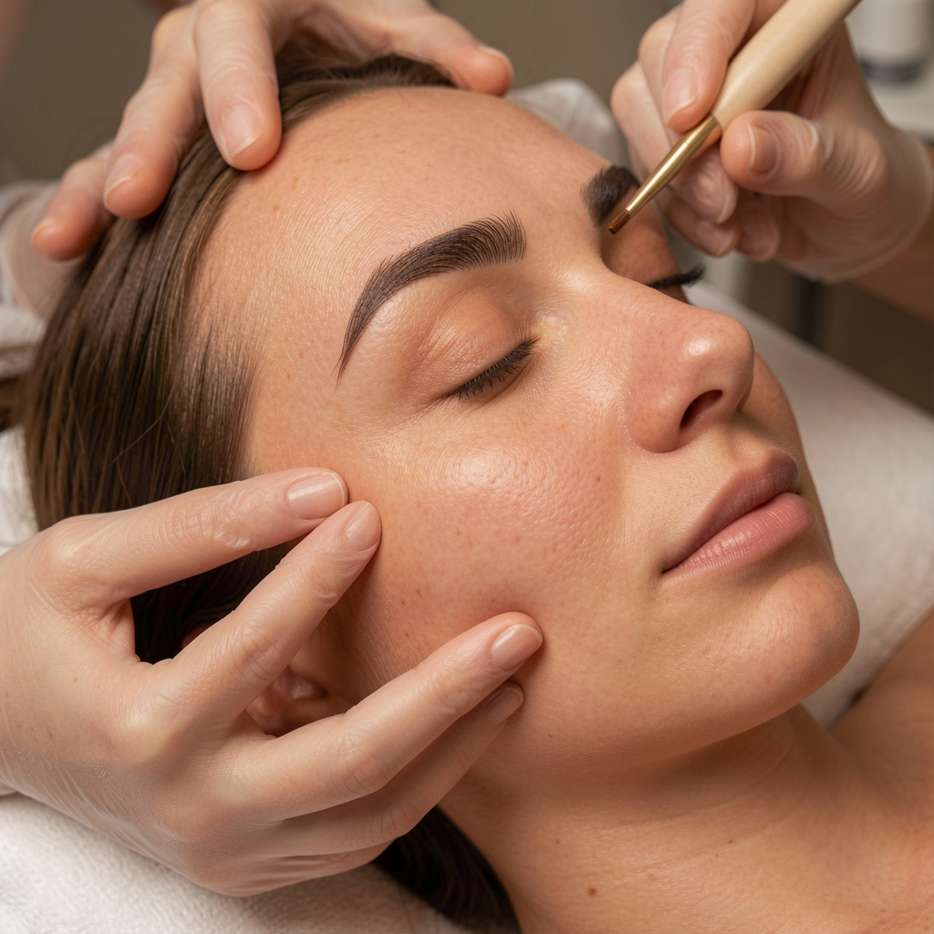 Prim-plan cu mâna esteticienei atingând ușor obrazul unei cliente în lumină caldă laterală