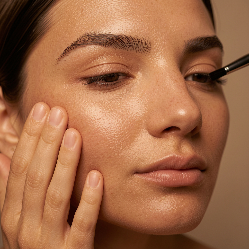 Close-up of real skin texture and a hand applying a facial treatment in warm sculptural light