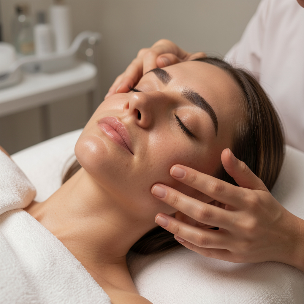 Mână de estetician atingând ușor obrazul unei cliente în timpul tratamentului facial, piele naturală în lumină sculpturală