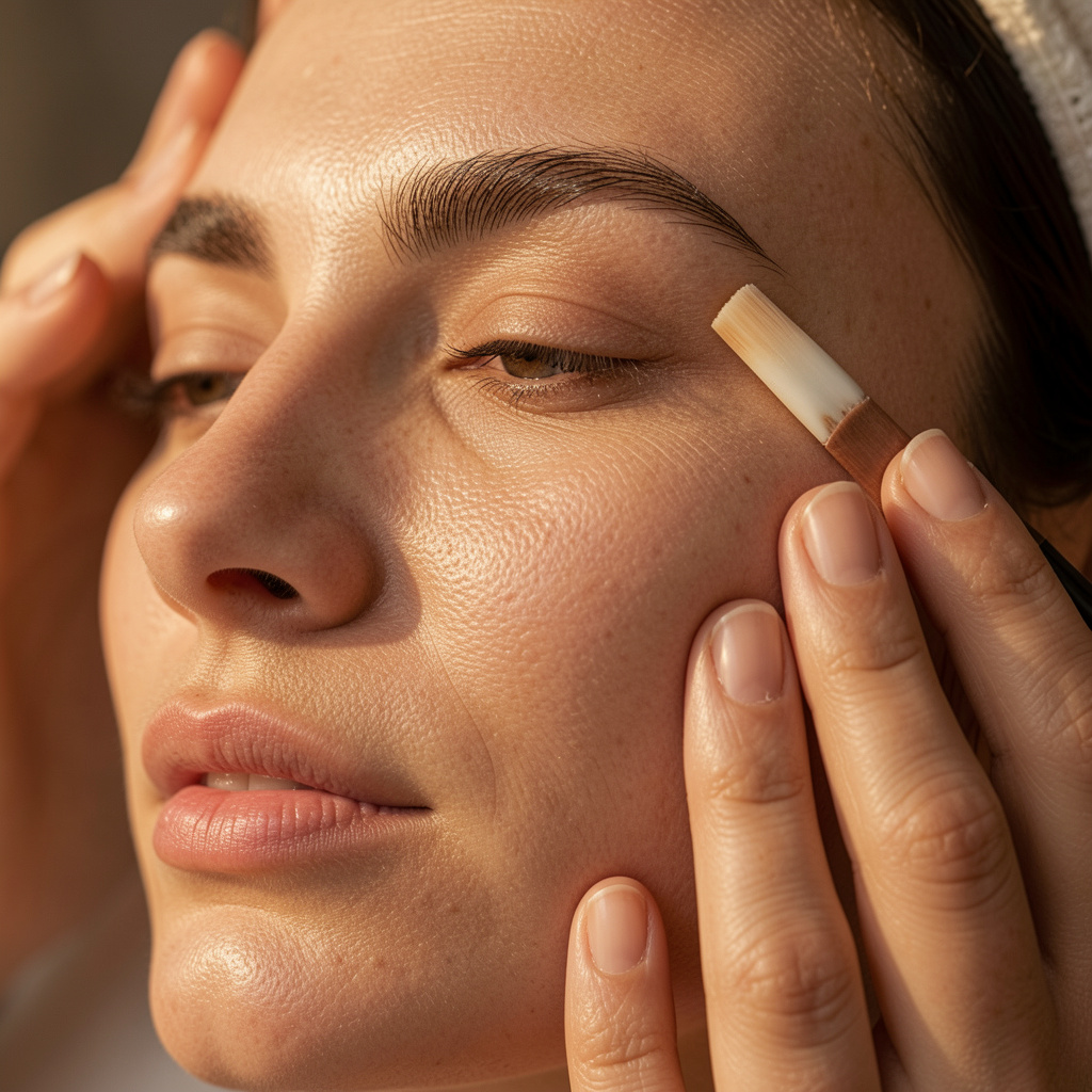 Prim-plan cu textură de piele reală și mâna specialistului în timpul unui tratament facial, lumină caldă laterală