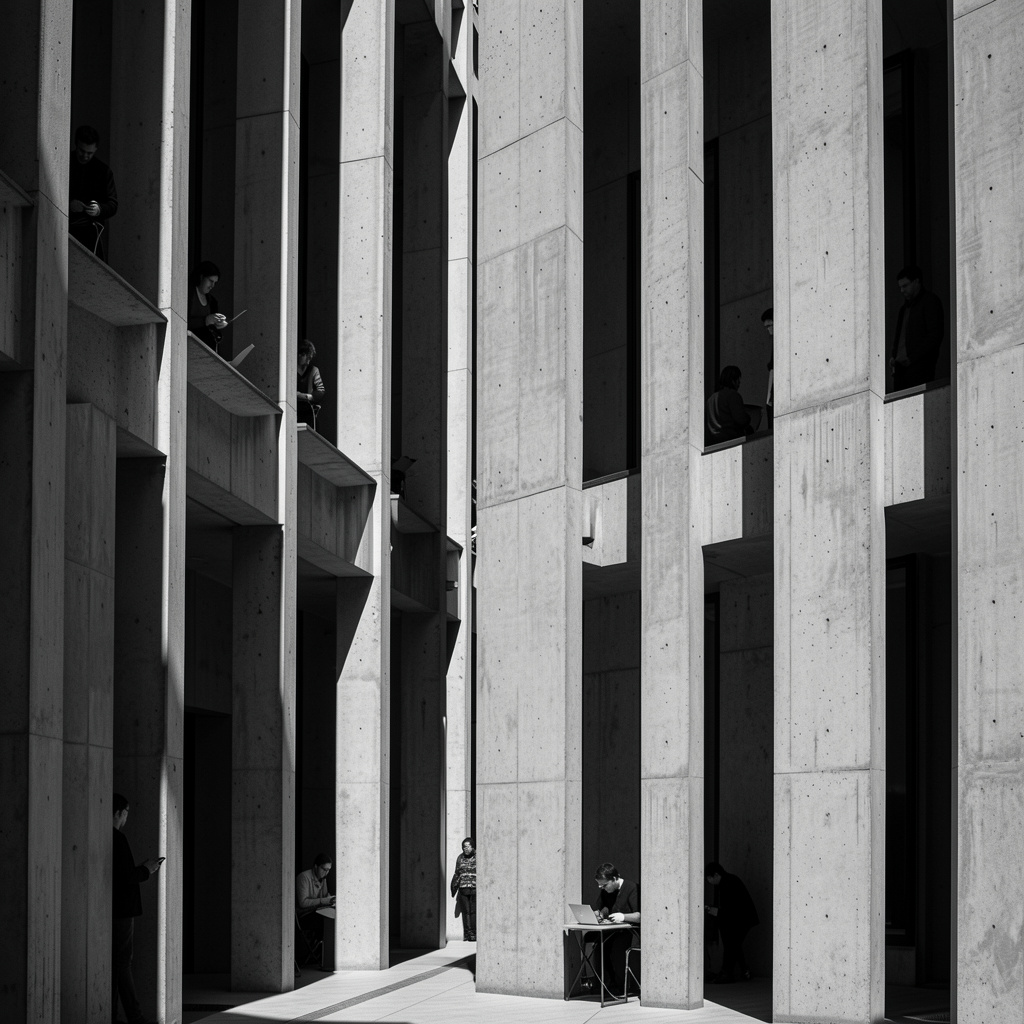 Concrete façade with vertical slits and strong light