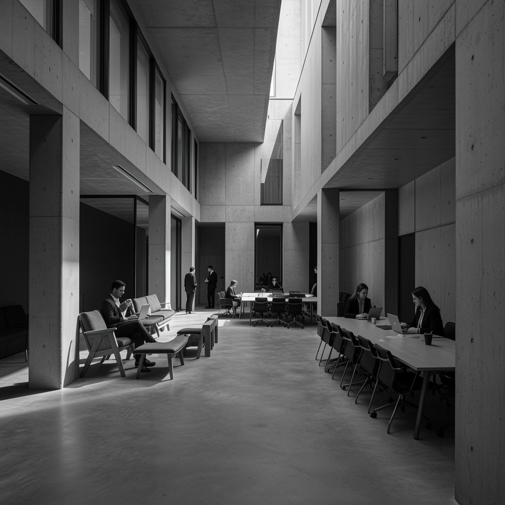 Fațadă monocromă din beton și sticlă, lumină laterală dură, geometrie arhitecturală strictă