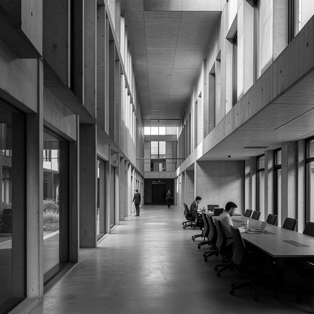 Fațadă modernistă din beton în lumină laterală dură, geometrie strictă