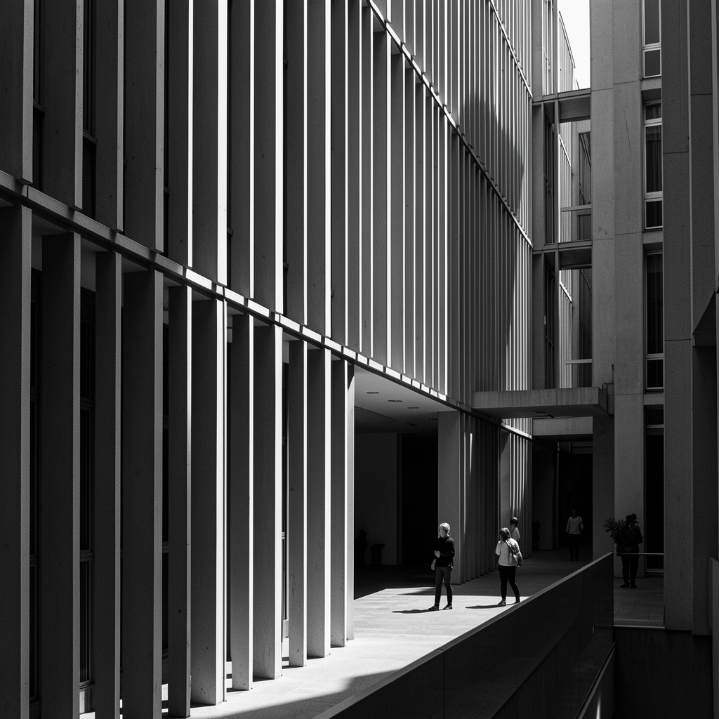 Fațadă monocromă de clădire modernistă cu lamele verticale, lumină laterală dură