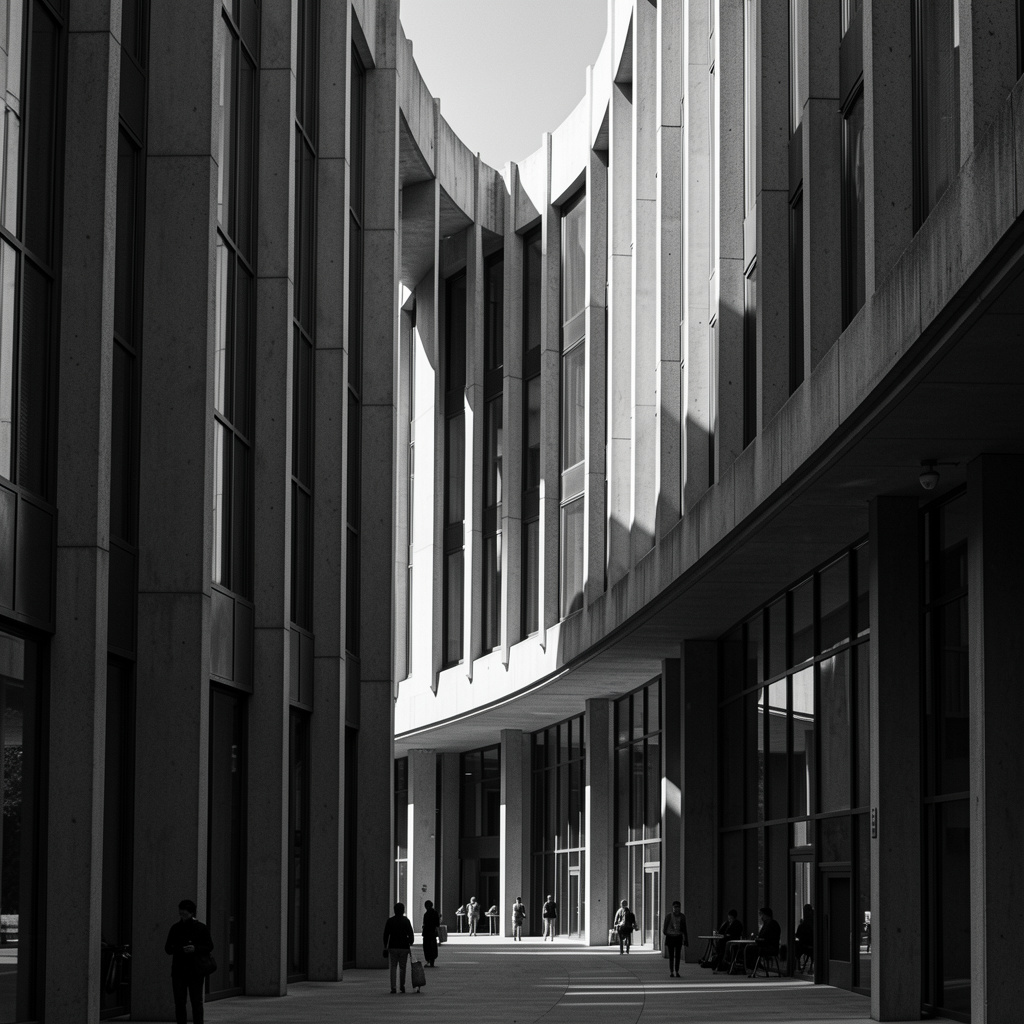 Curved facade of a modernist building in shades of gray, vertical concrete and glass lines in harsh sidelight