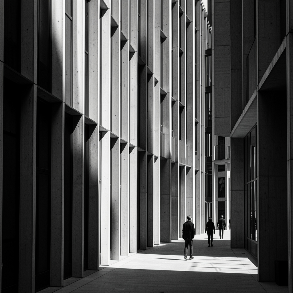 Modernist facade of vertical concrete fins and glass, in harsh sidelight, monochrome