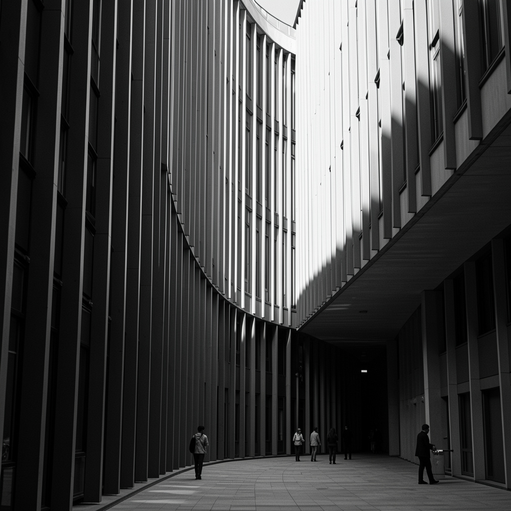 Fațadă curbată de clădire modernistă cu lamele verticale, lumină laterală dură, tonuri monocrome închise