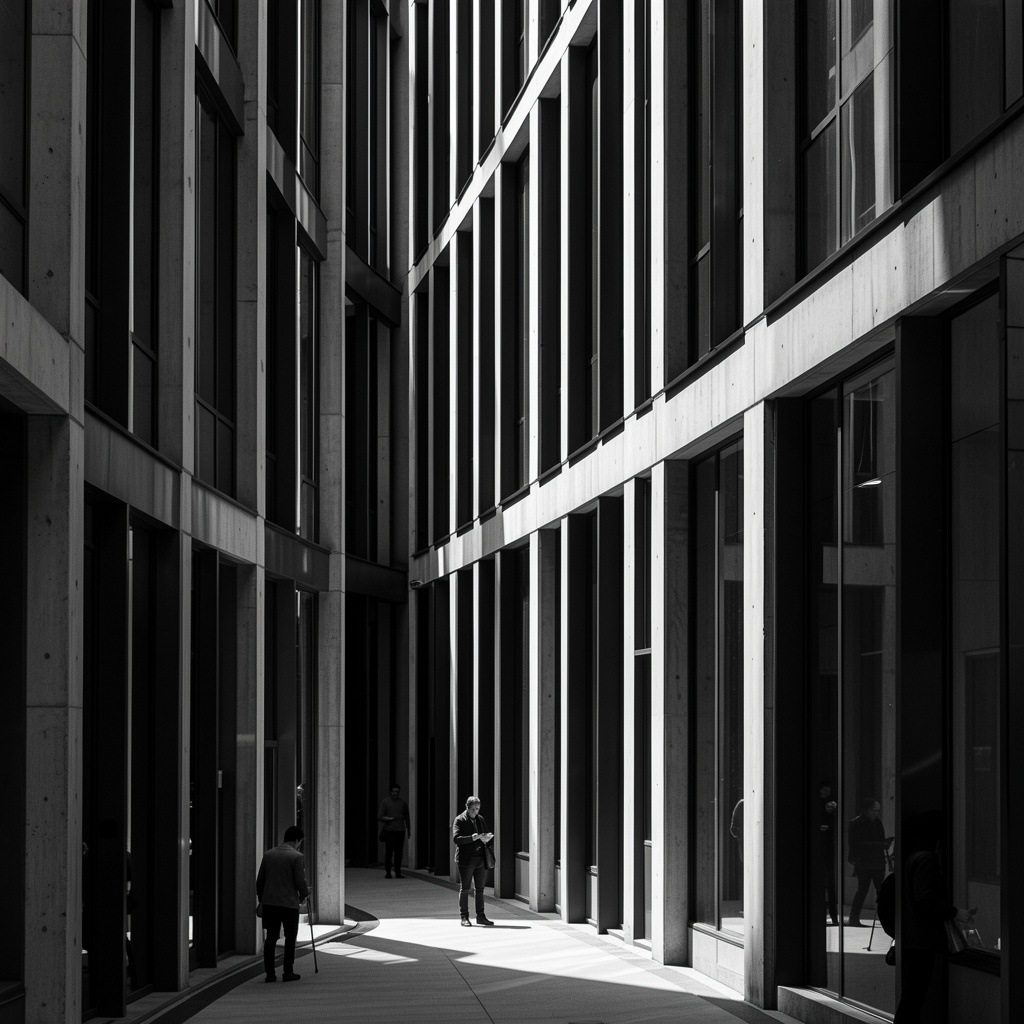 Monochrome concrete and glass façade with stark vertical lines in side light