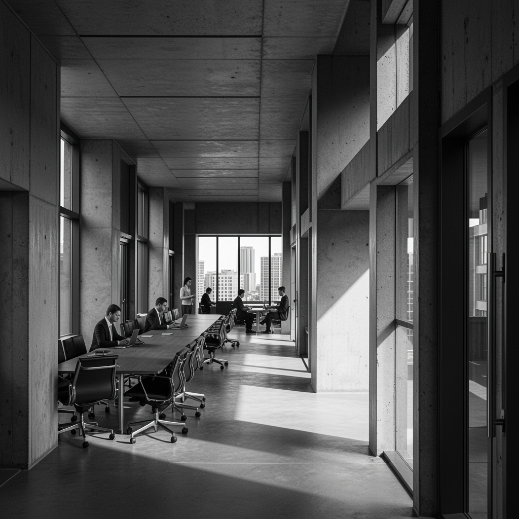 Fațadă modernistă din beton în lumină laterală dură, geometrie strictă