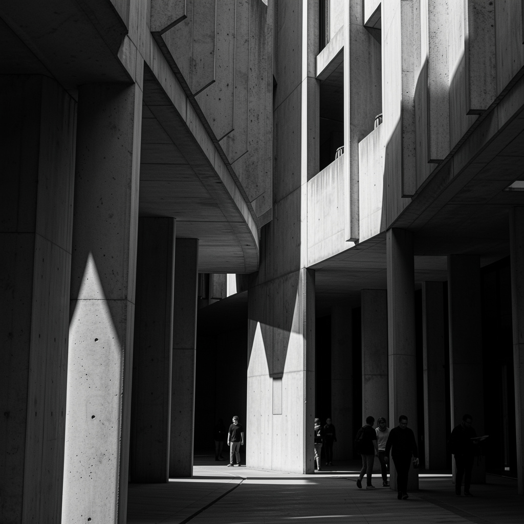 Detaliu de fațadă modernistă din beton, cu lumină tare și umbre adânci