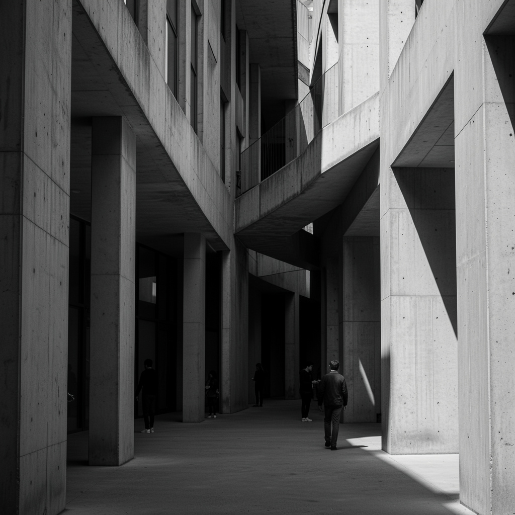 Detail of a modernist concrete facade, with harsh light and deep shadows