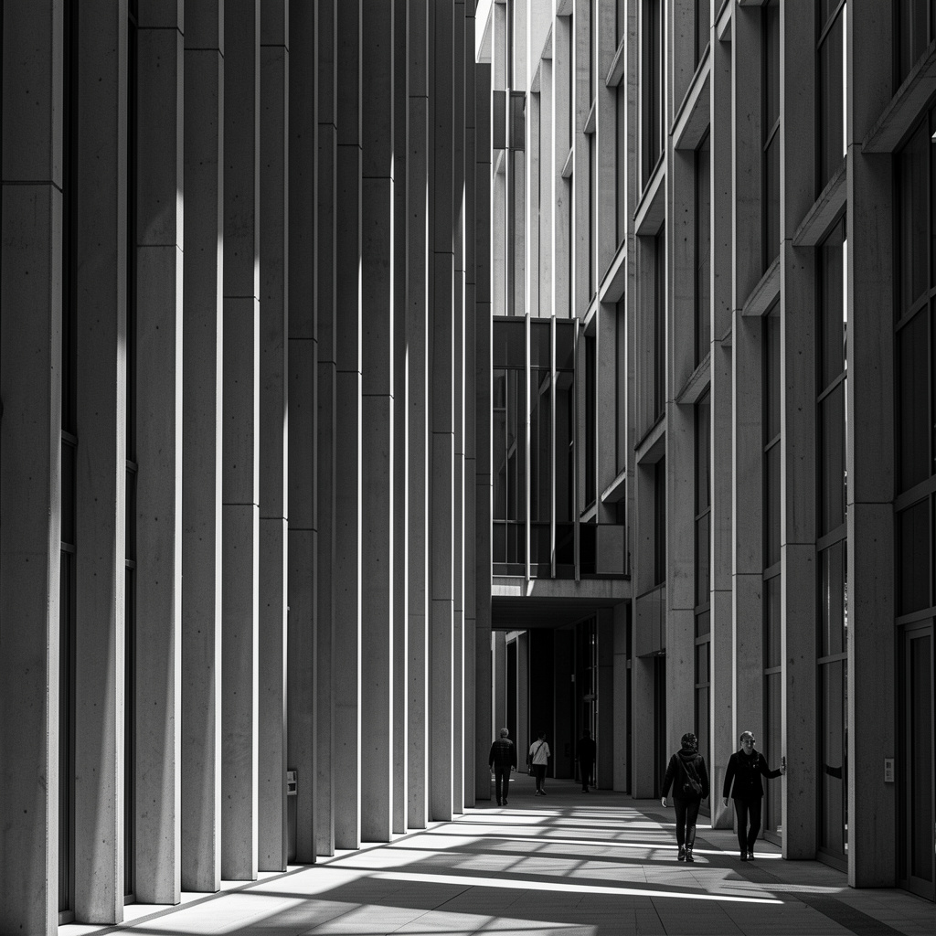 Fațadă modernistă din lamele verticale de beton și sticlă, în lumină laterală dură, monocrom